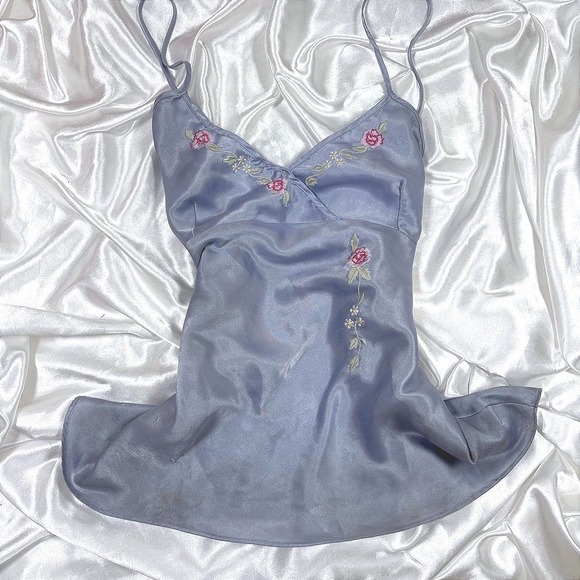 Secret Treasures Tops - y2k Camisole Top Periwinkle Blue Fair Floral Embroidered Satin Secret Treasures